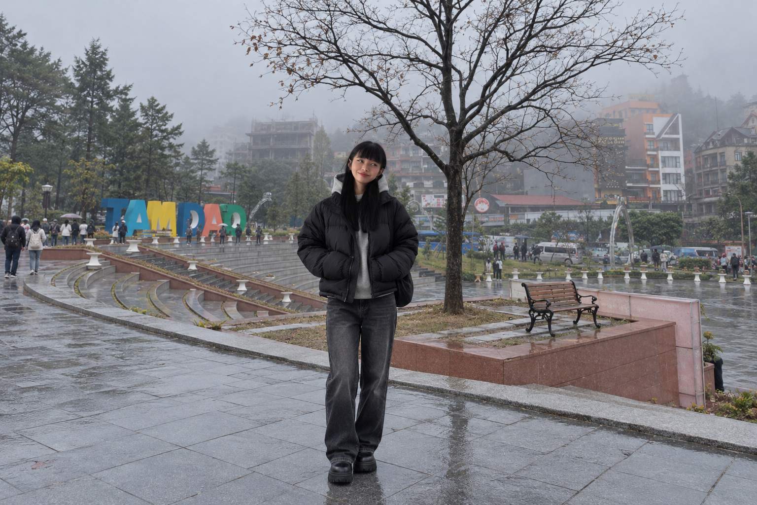 Outfit đi Tam Đảo: Áo phao gọn, quần jeans và boots đế bám