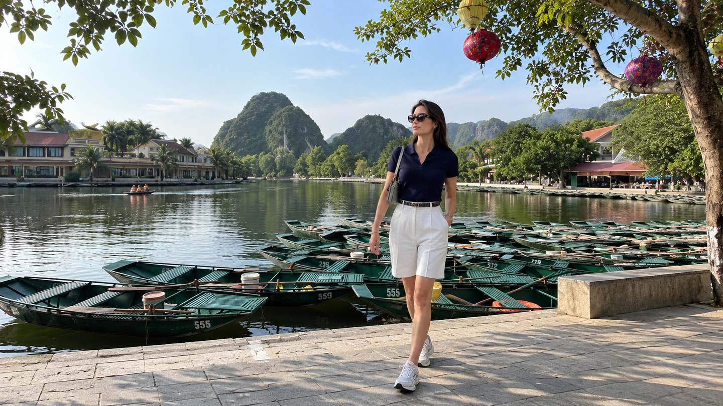 Polo nữ xanh navy phối quần bermuda trắng và giày thể thao