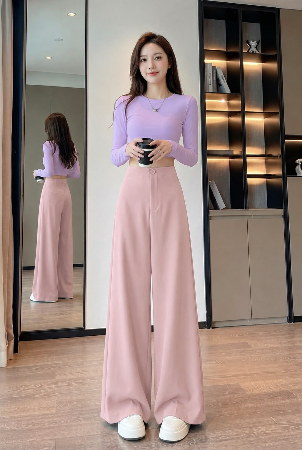 Áo tím lilac phối quần hồng pastel với khoảng chênh sắc độ nhẹ nhàng