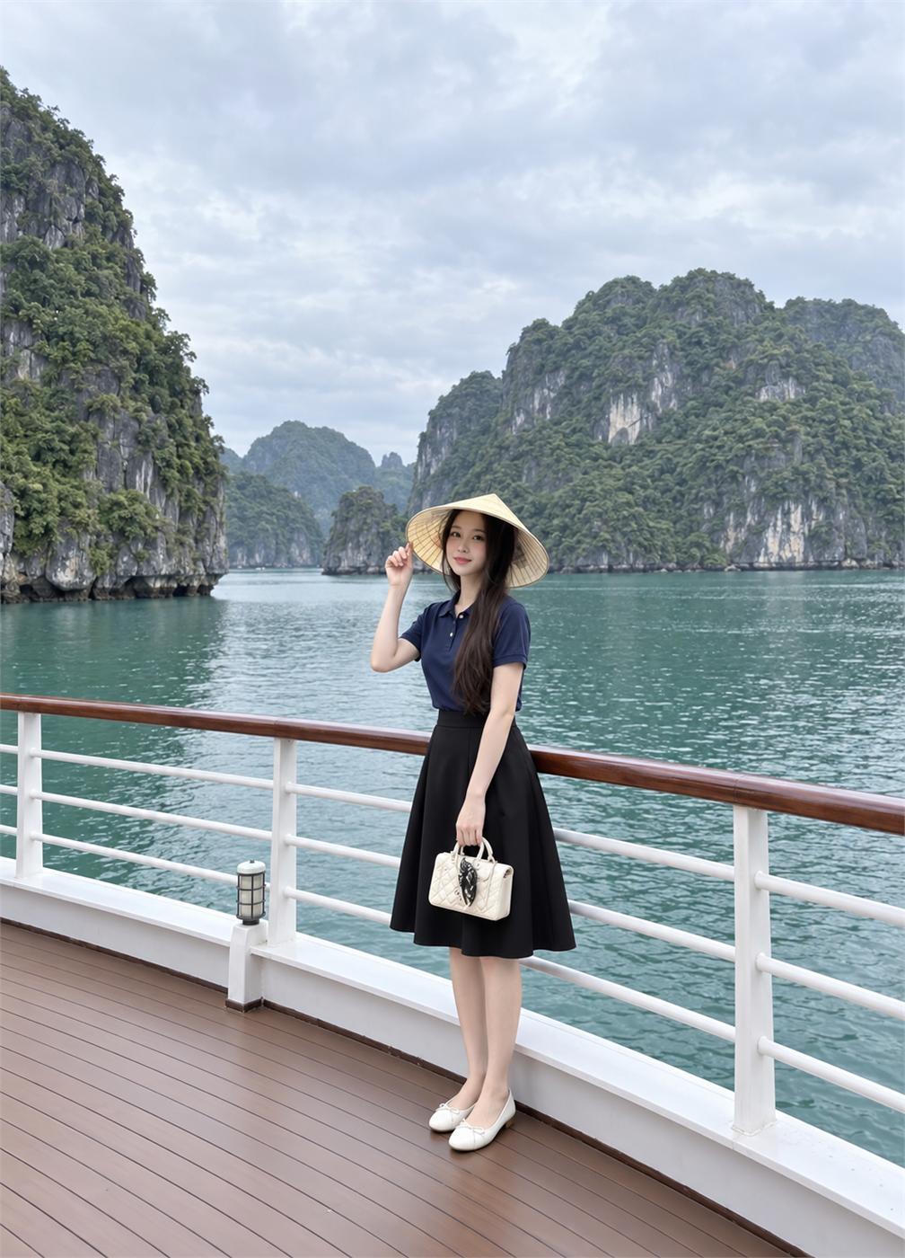 Áo polo xanh navy phối chân váy chữ A và giày đế thấp trên boong tàu