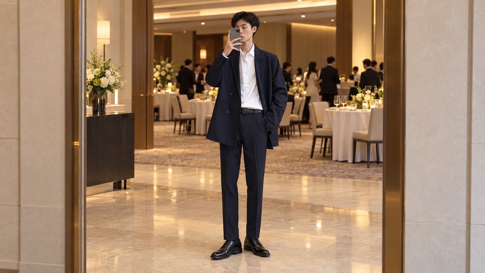 Suit navy, sơ mi trắng và giày da đen cho nam dự Year End Party