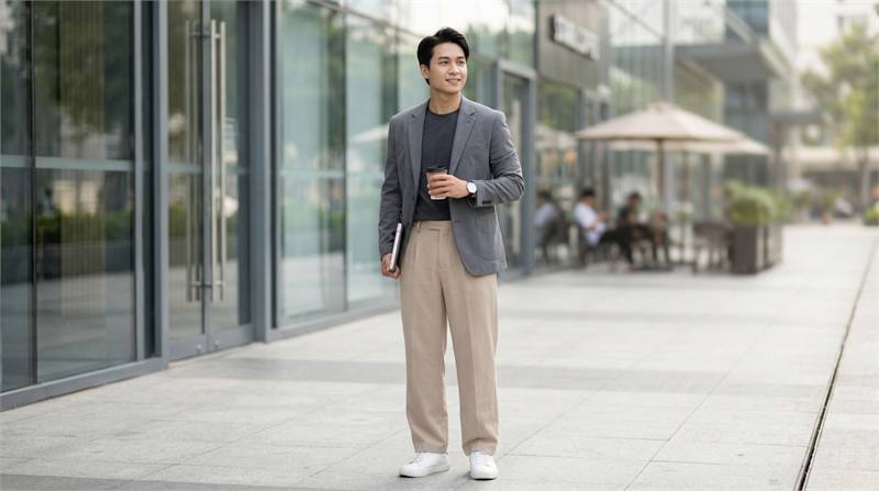 Phối quần ống rộng với blazer và áo trong trơn, tạo phong cách thanh lịch, chín chắn cho công sở hoặc gặp gỡ quan trọng.