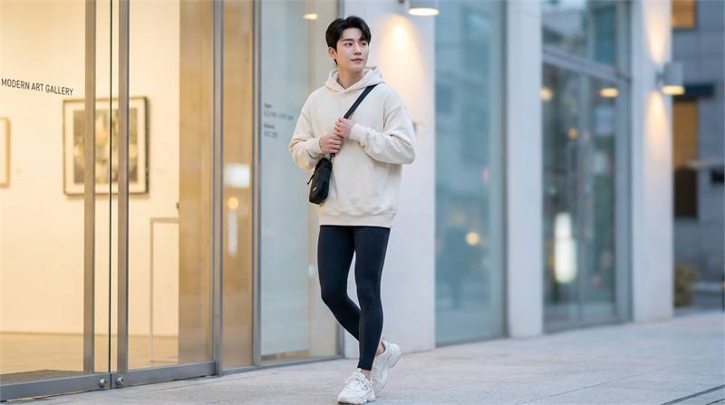 Phong cách athleisure năng động với hoodie dài che hông, quần legging và sneaker, lý tưởng cho đi dạo hay tập nhẹ.