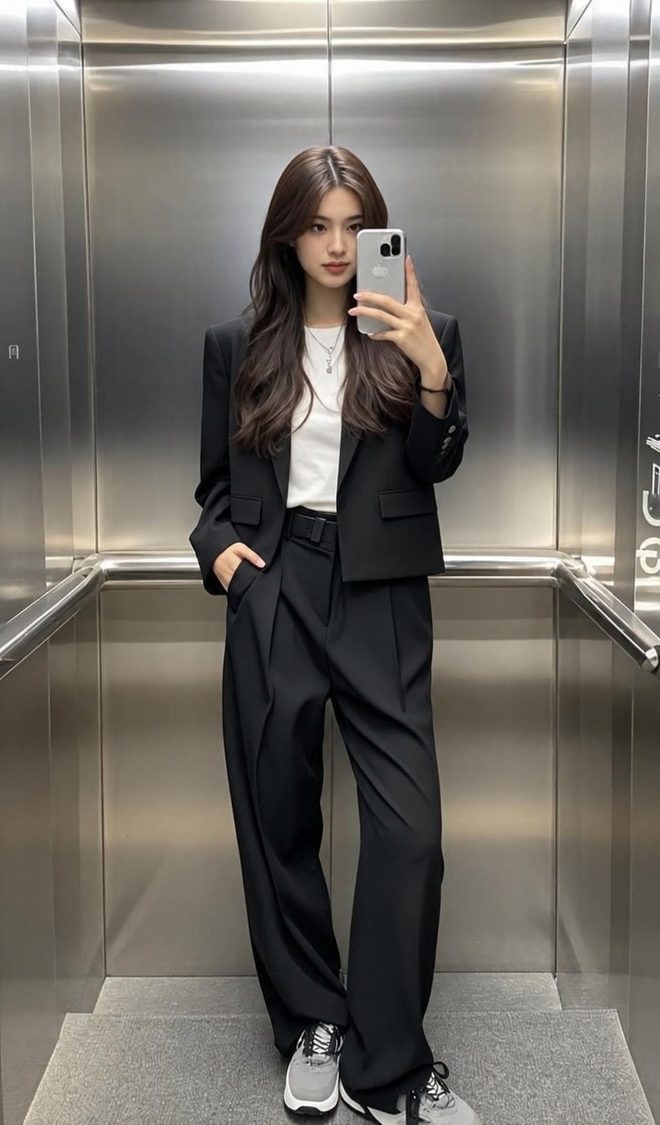 Blazer boxy đen phối áo thun trắng mỏng và quần tây suông.