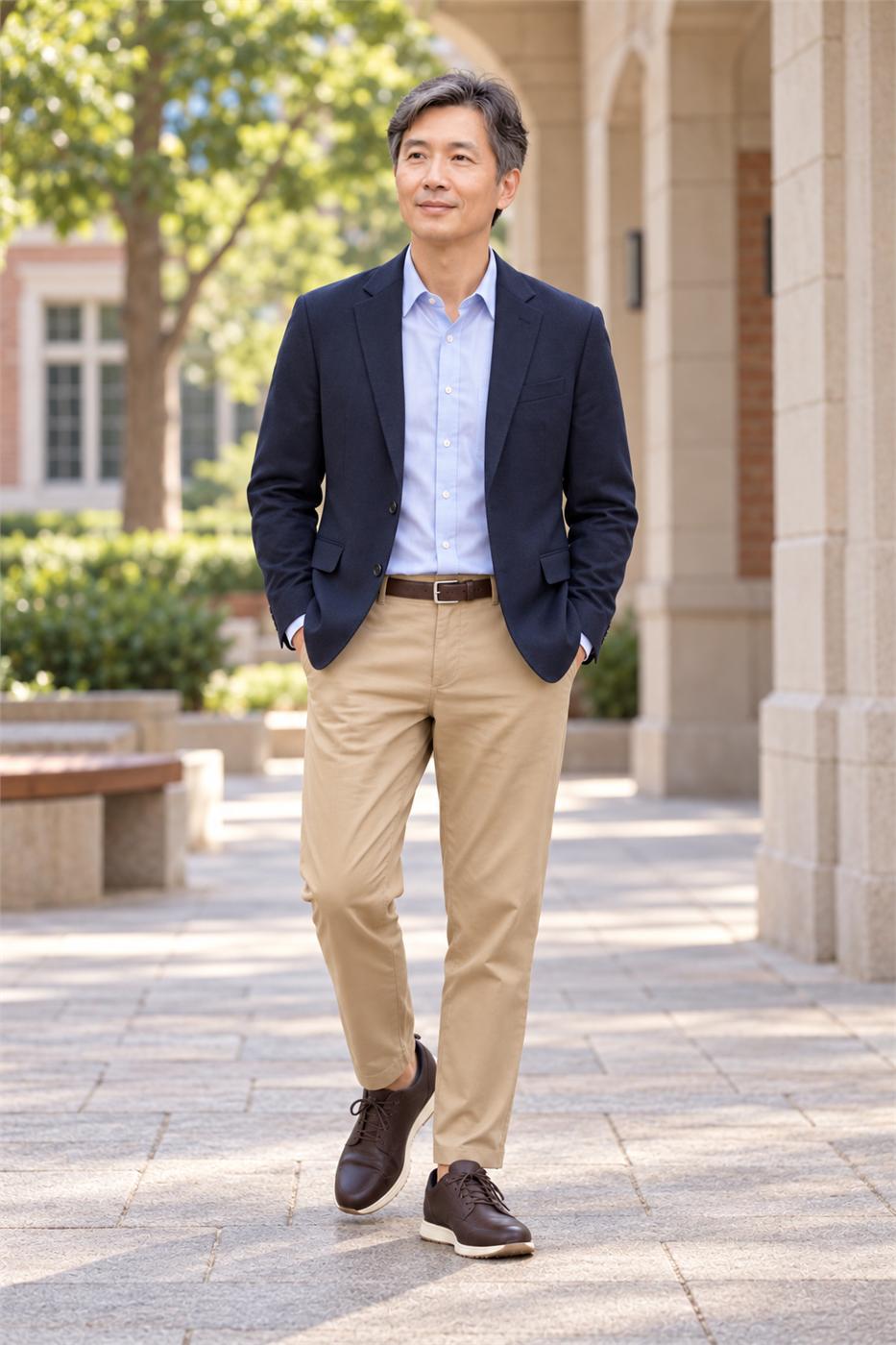 Bố mặc blazer navy cùng sơ mi sáng màu khi chụp ảnh