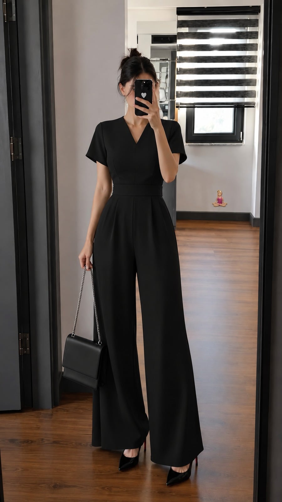 Jumpsuit đen cổ V vừa phải tay ngắn và ống quần rộng vừa thanh lịch