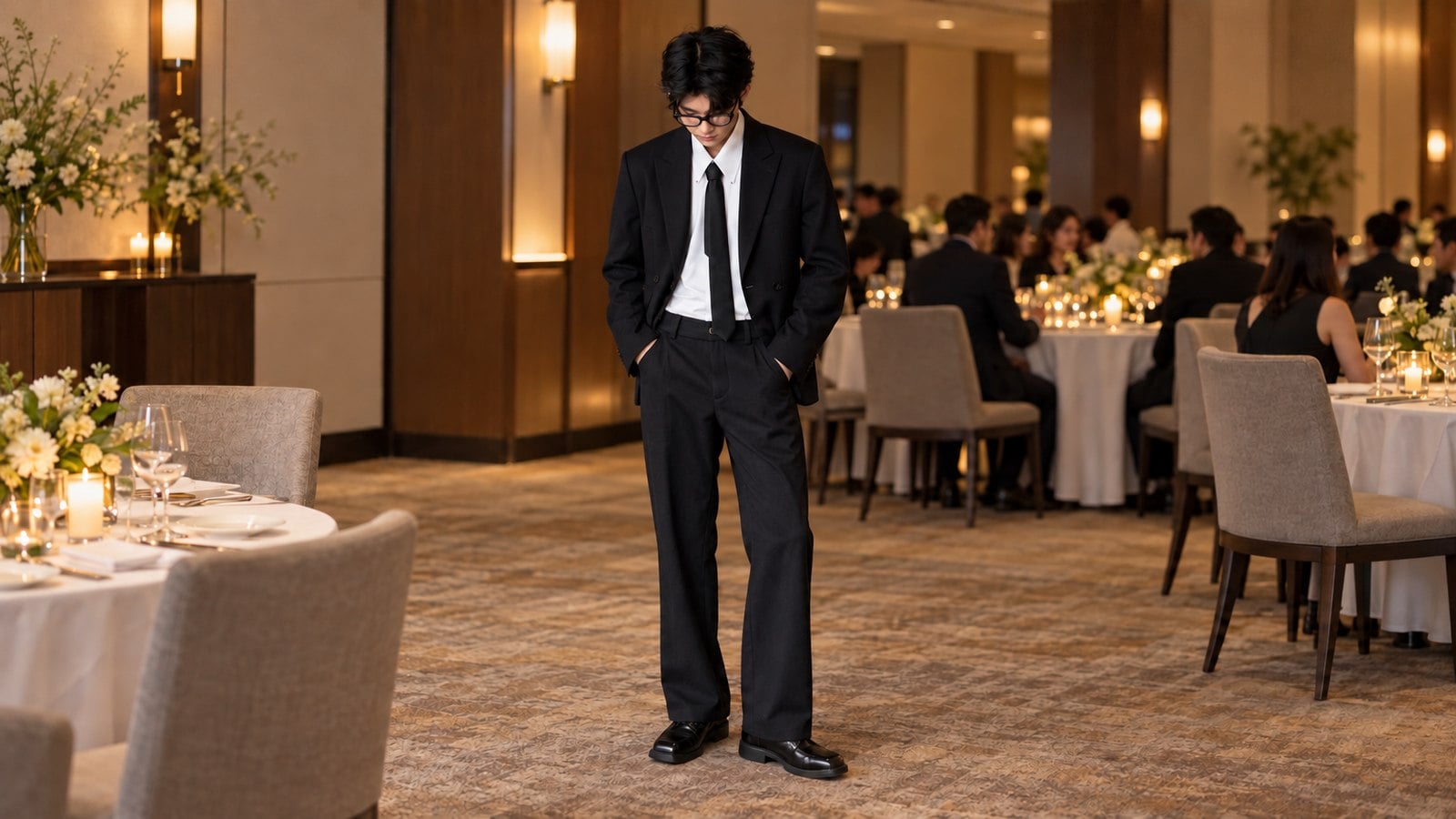 Suit đen, sơ mi trắng và cà vạt gọn cho nam tham dự gala formal