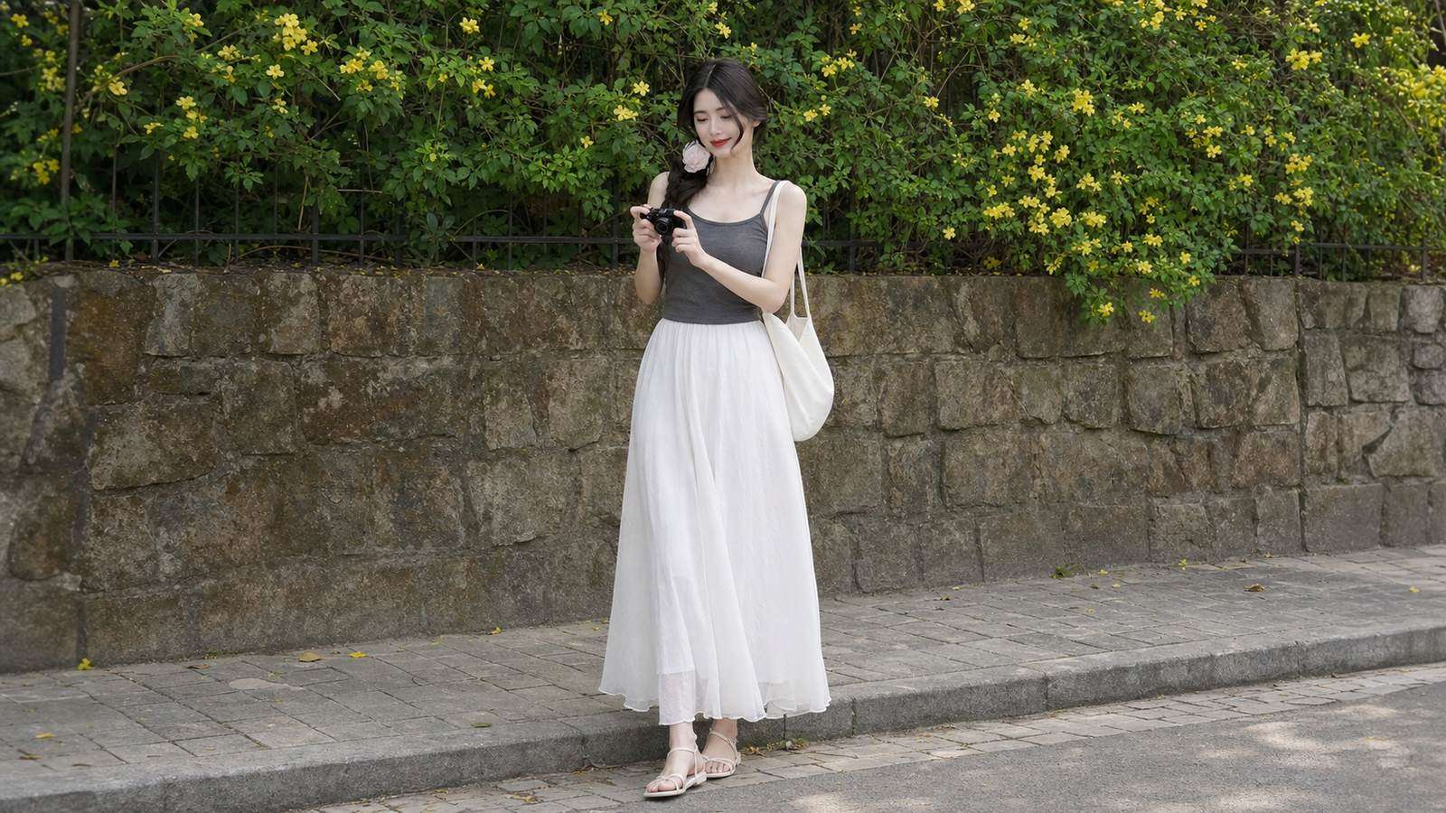 Chân váy trắng dài phối với tank top và phụ kiện tối giản