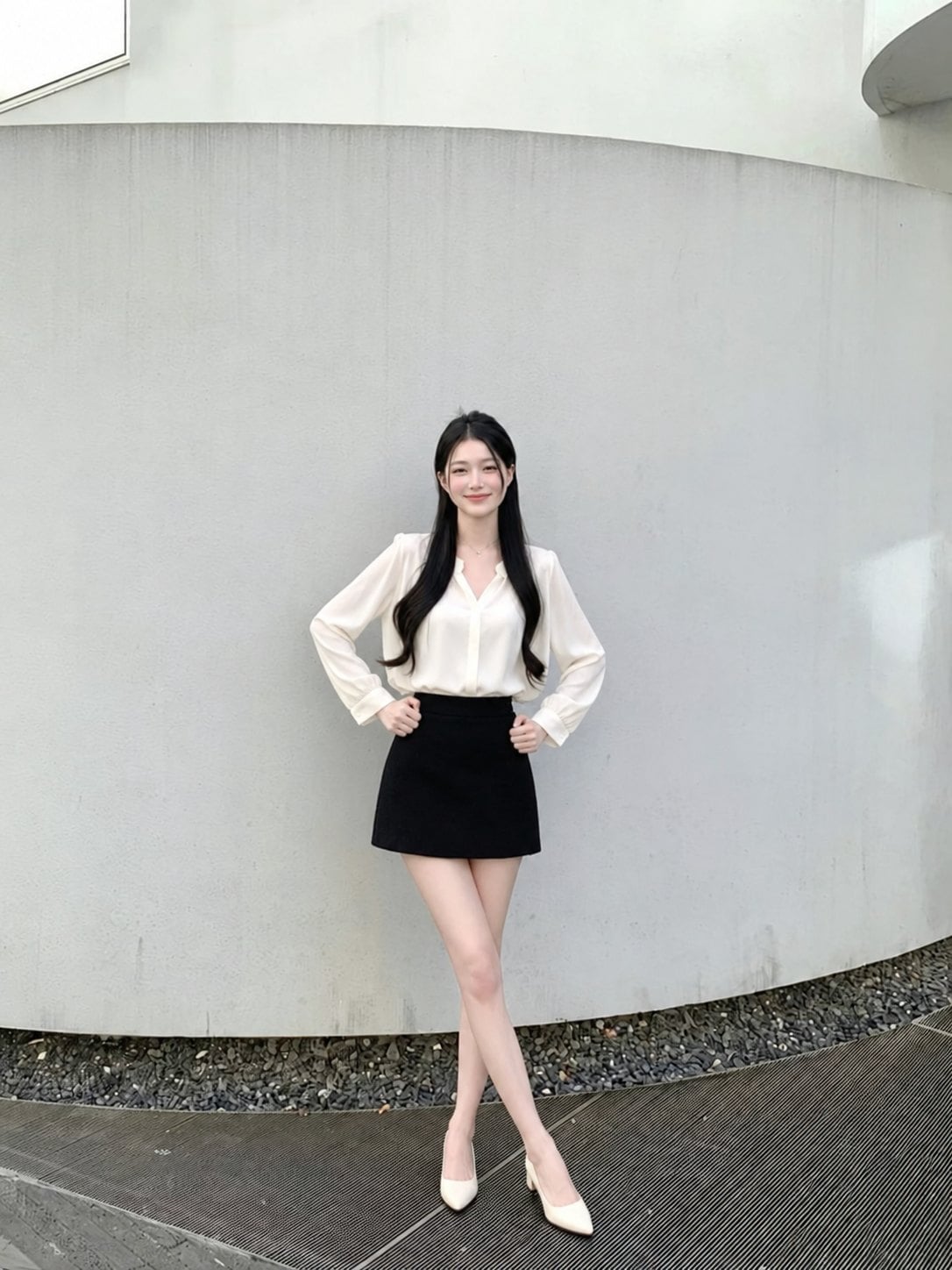 Áo blouse ngà phối chân váy chữ A cạp cao và giày gót thấp