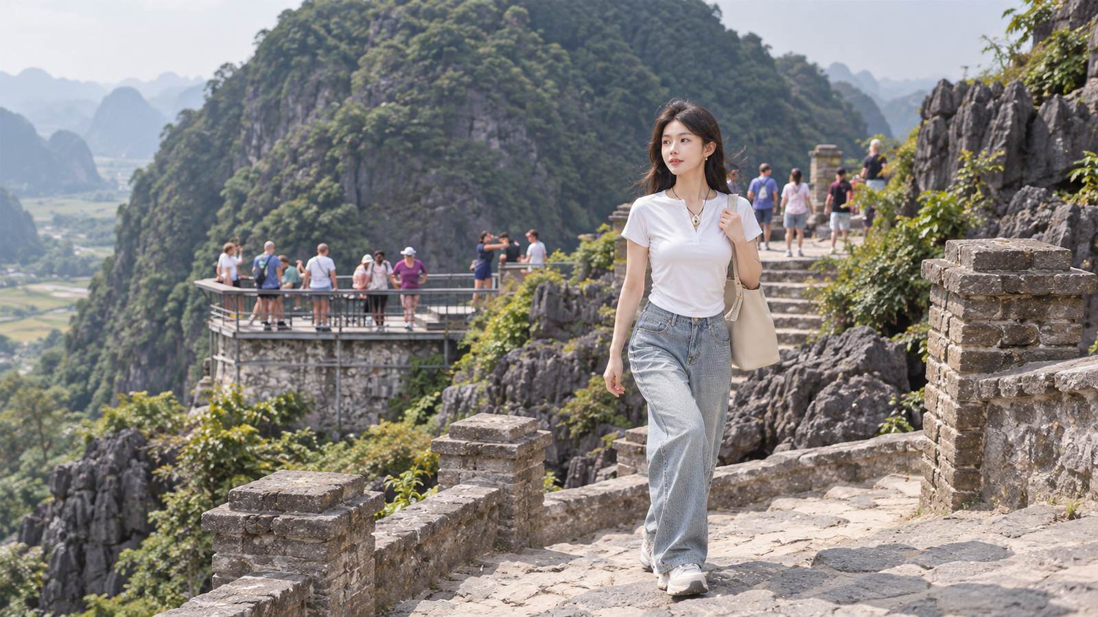 Áo thun trắng phối jeans suông và sneaker khi tham quan Hang Múa