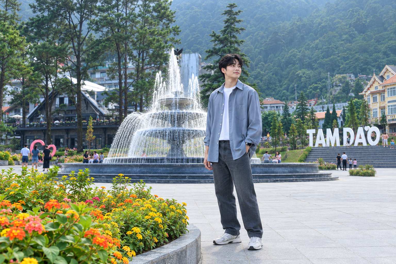 Outfit đi Tam Đảo: Áo thun, sơ mi khoác ngoài và quần jeans