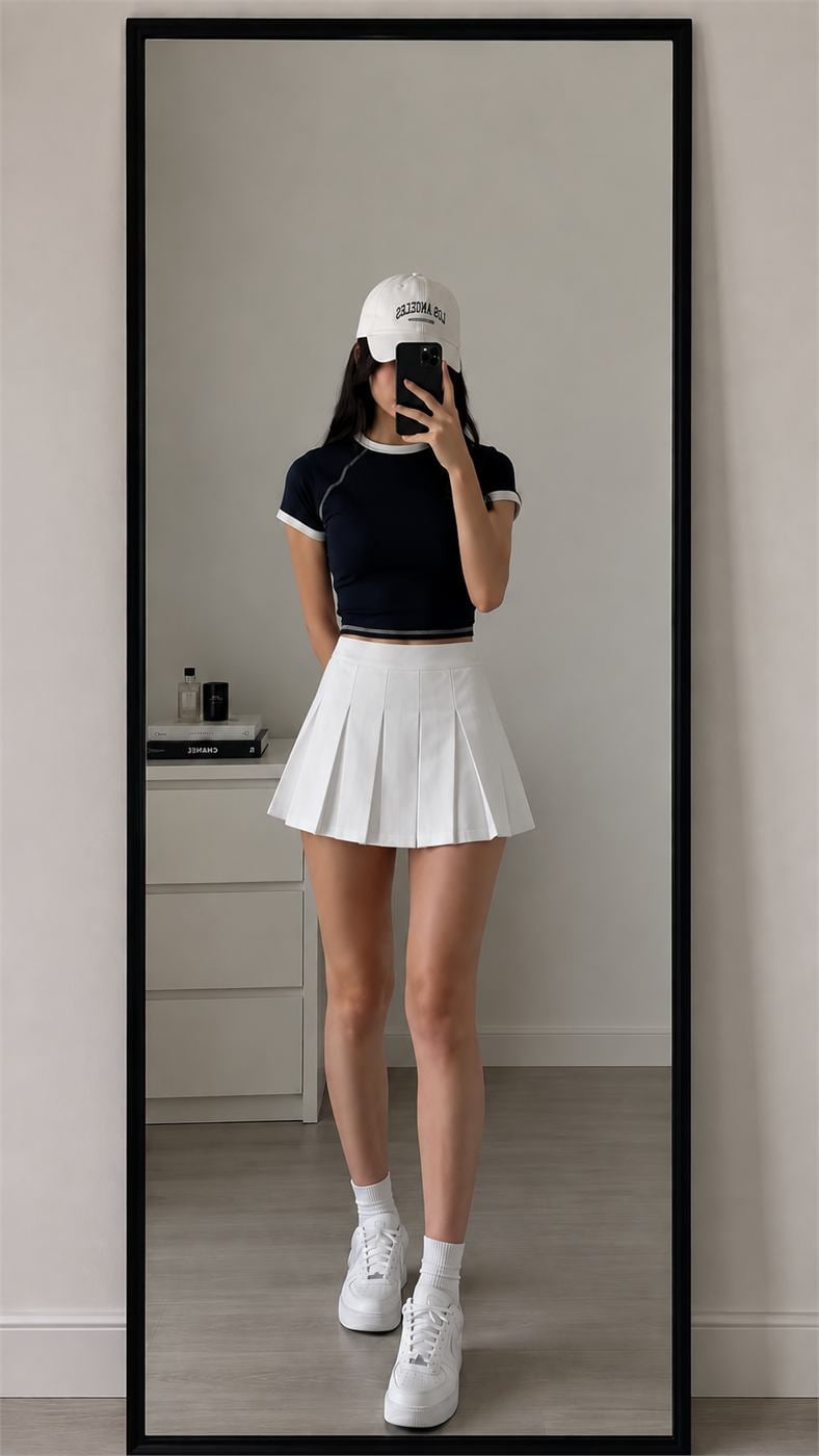 Skort xếp ly màu trắng phối áo đen theo phong cách tennis trẻ trung