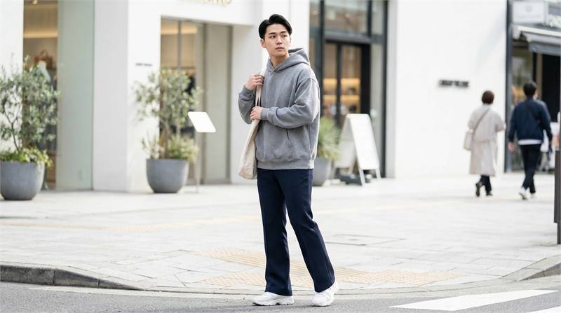 Phối đồ retro cá tính: hoodie đơn giản cùng quần ống loe suông mềm mại tạo phong cách khác biệt, thời trang ấn tượng.
