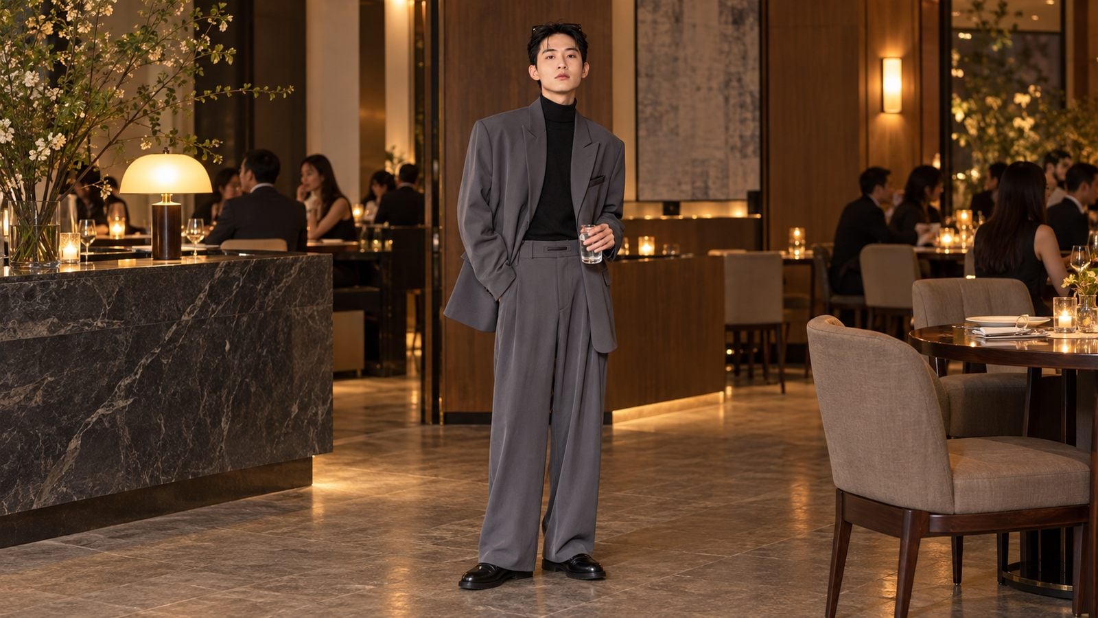 Blazer xám, áo cổ lọ mỏng và quần tây cho tiệc cuối năm vào ngày mát