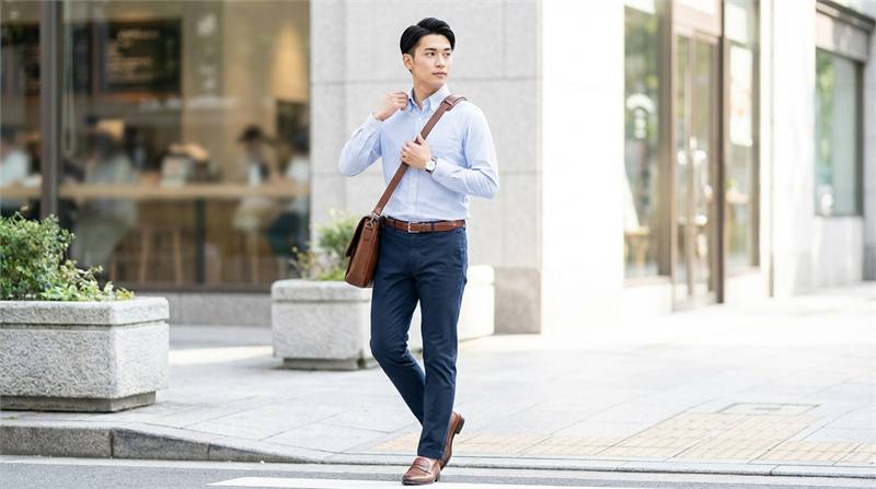 Outfit công sở nam chỉn chu: sơ mi trơn, quần âu, giày da, đồng hồ và thắt lưng đồng điệu.