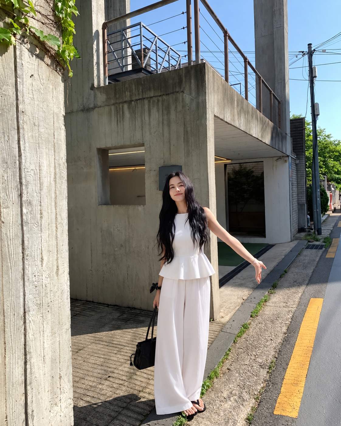 Áo peplum trắng tiết chế phối quần sáng màu dáng suông và sandal