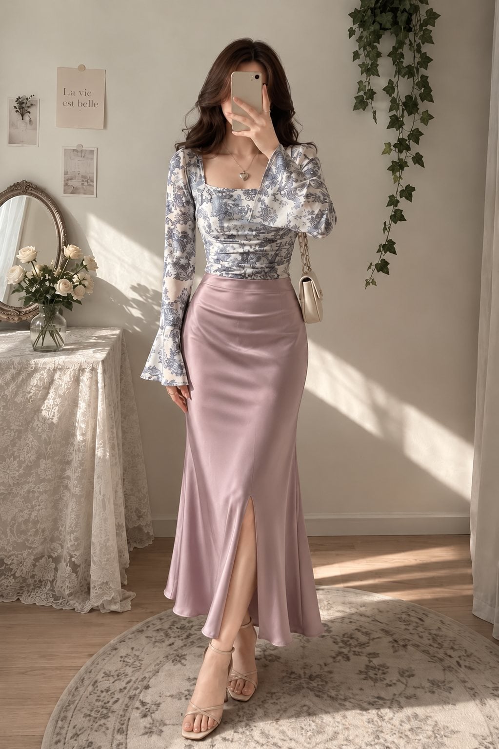 Áo kiểu họa tiết phối chân váy satin midi tím trầm xẻ nhẹ