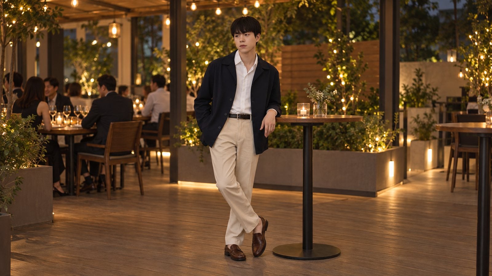 Blazer, sơ mi mở cổ và quần chinos cho tiệc tất niên smart casual