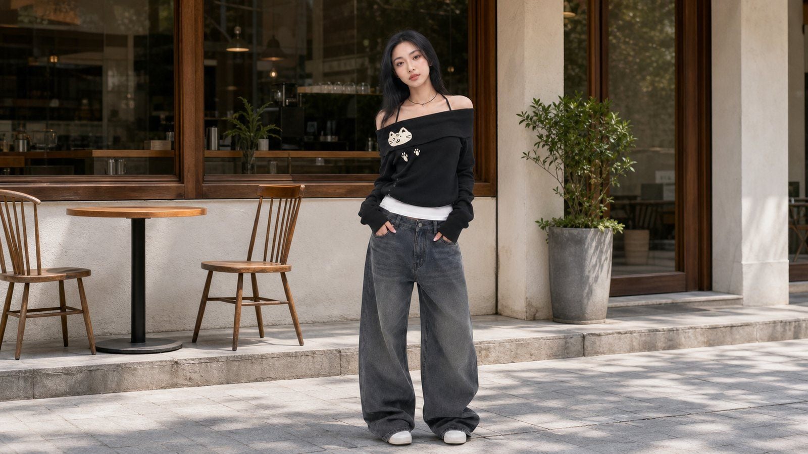 Áo trễ vai phối jeans cạp cao, quần short hoặc chân váy chữ A cho đi chơi ban ngày