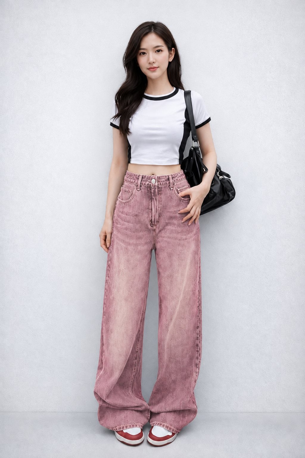 Áo thun trắng phối quần jeans hồng và sneaker cho outfit cuối tuần