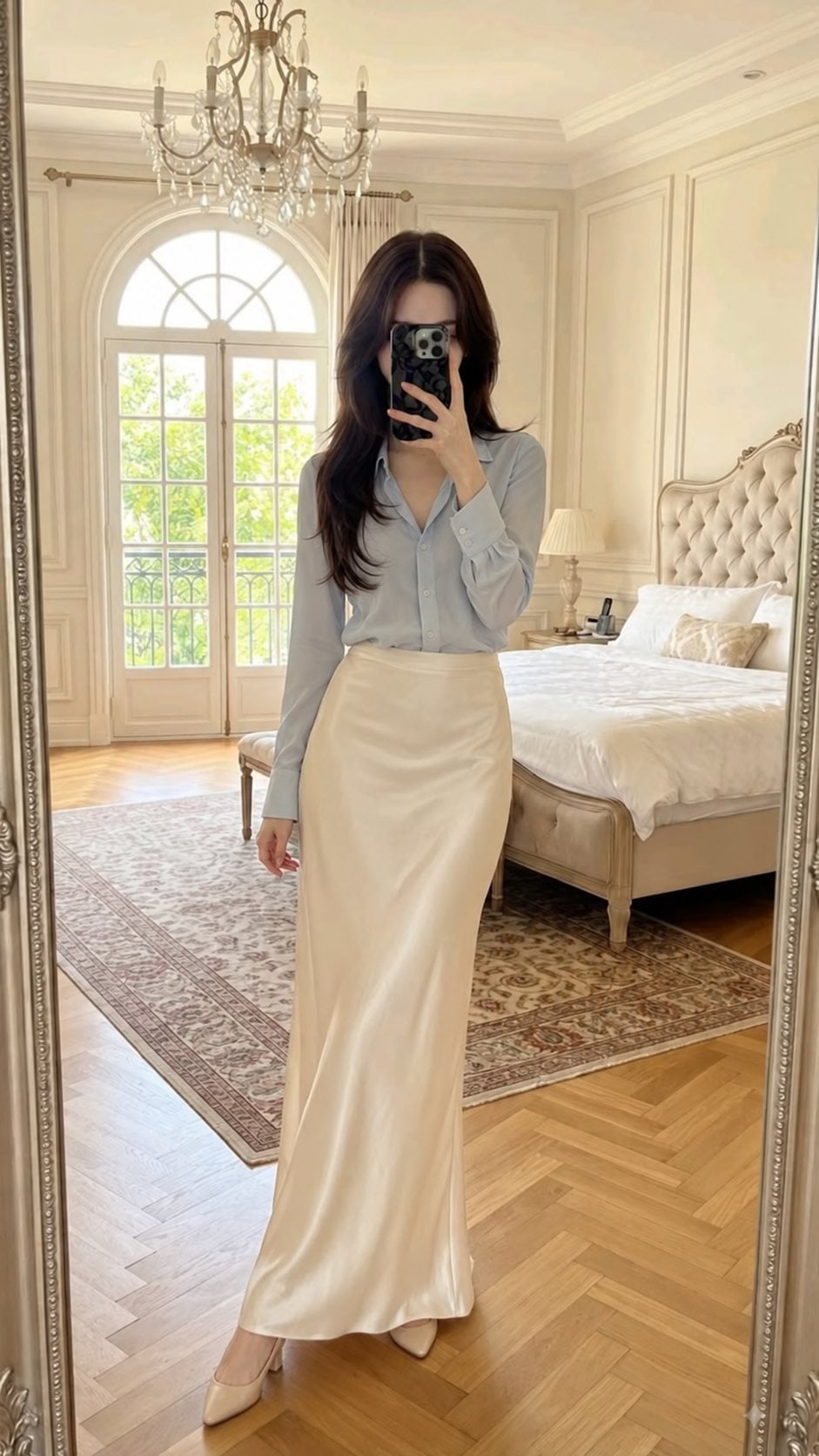 Chân váy lụa kem phối sơ mi xanh nhạt và slingback gót thấp cho ngày đi làm