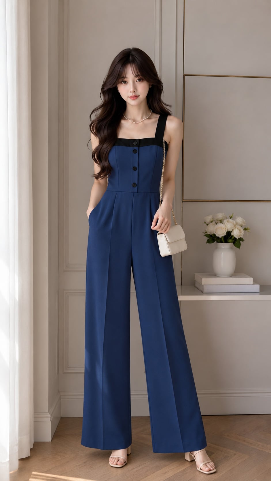 Jumpsuit xanh navy nhấn eo phối sandal gót vuông vững