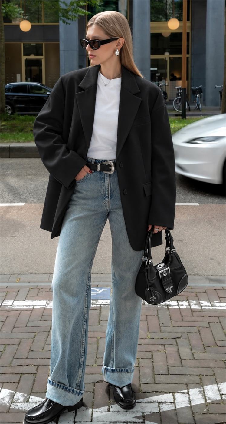 Áo blazer oversized nữ màu đen với vai xuôi và phom rộng hiện đại