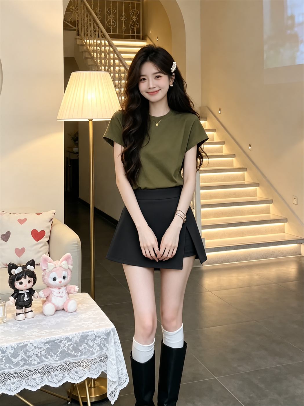 Tennis skort màu đen chất liệu thể thao phối áo thun xanh