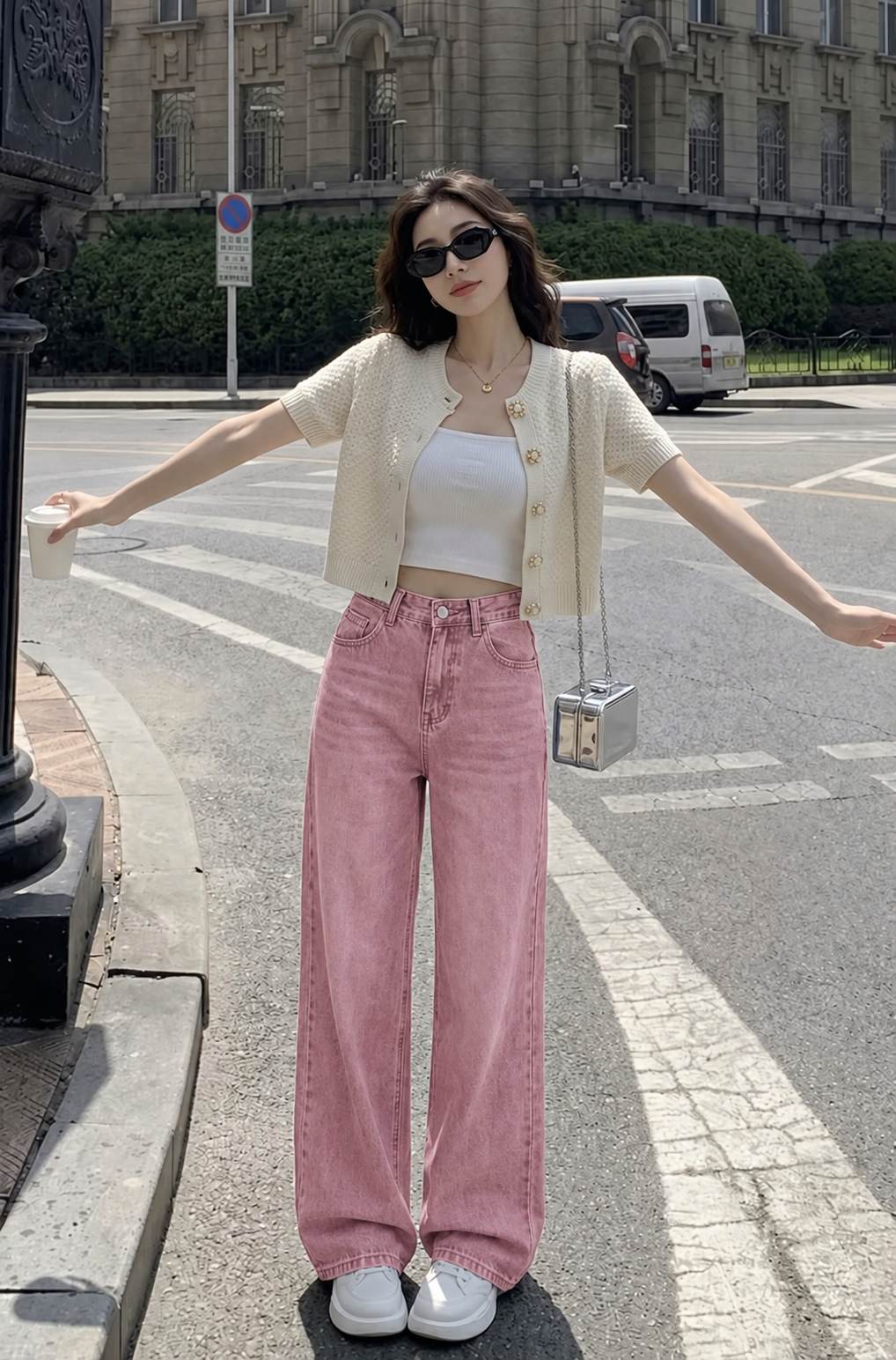 Quần jeans hồng phối cardigan kem và sneaker trắng giúp bảng màu nhẹ mắt