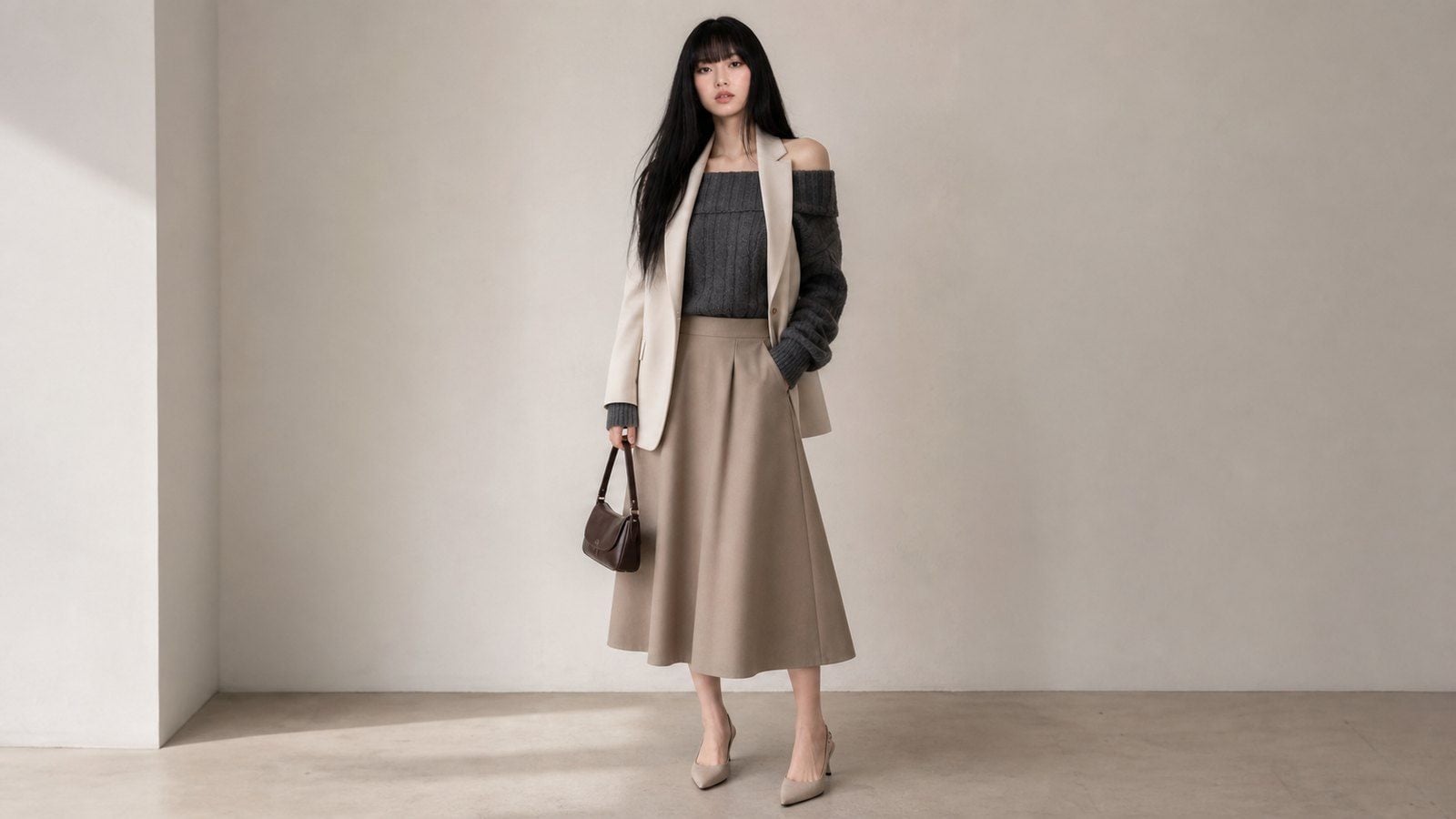 Áo trễ vai phối chân váy midi, váy chữ A hoặc blazer cho hẹn hò
