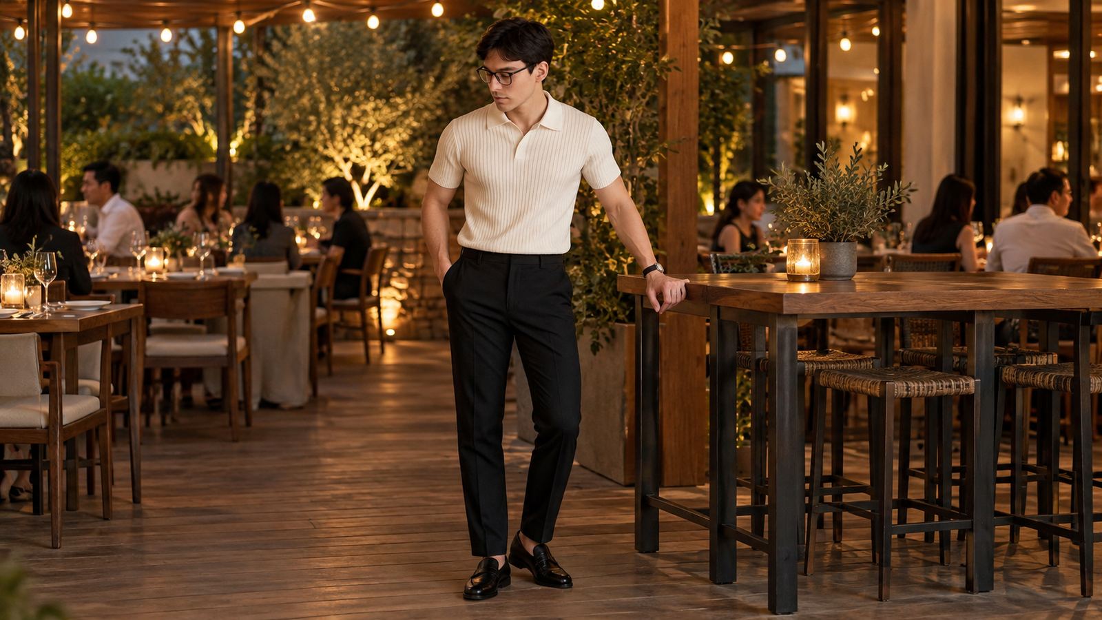 Polo dệt trắng, quần tây đen và giày lười cho buổi tiệc cuối năm thân mật