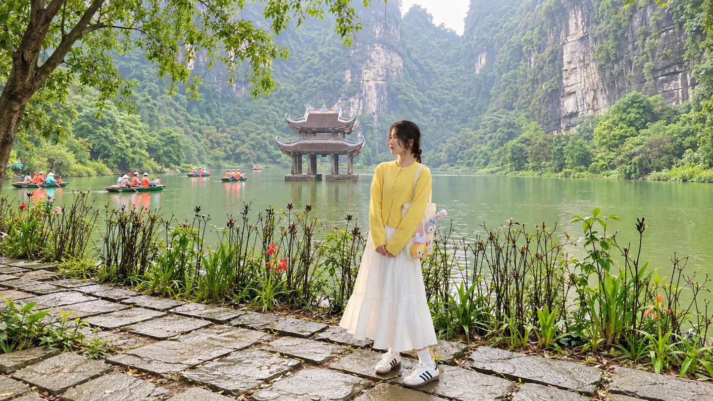 Cardigan vàng mỏng phối đầm trắng và sneaker bên hồ Tràng An