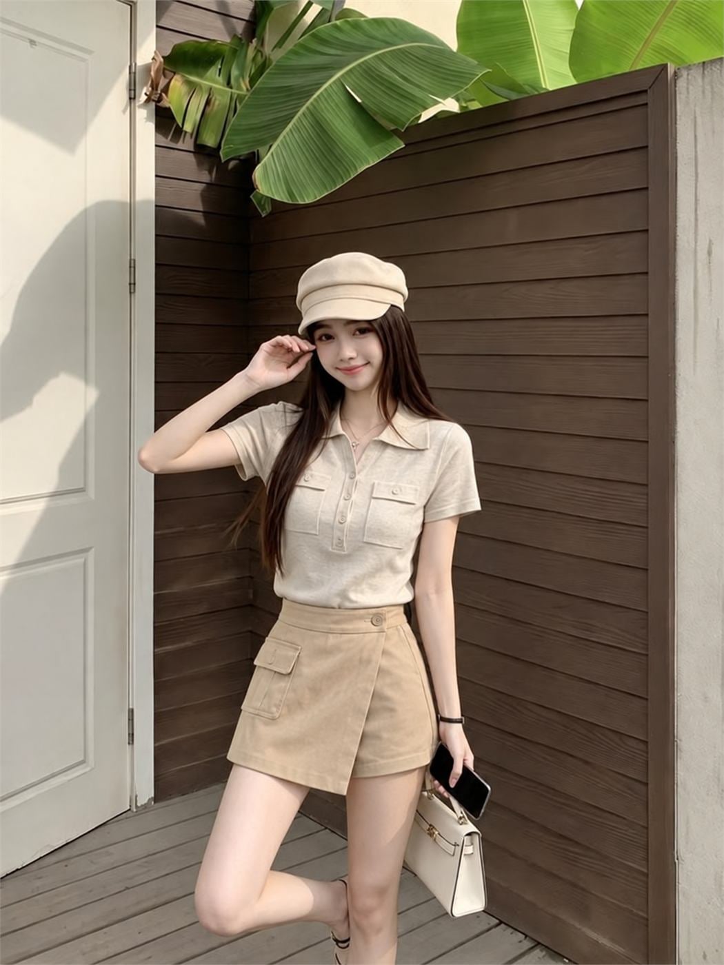 Skort kaki màu be dáng utility với vạt đắp phía trước