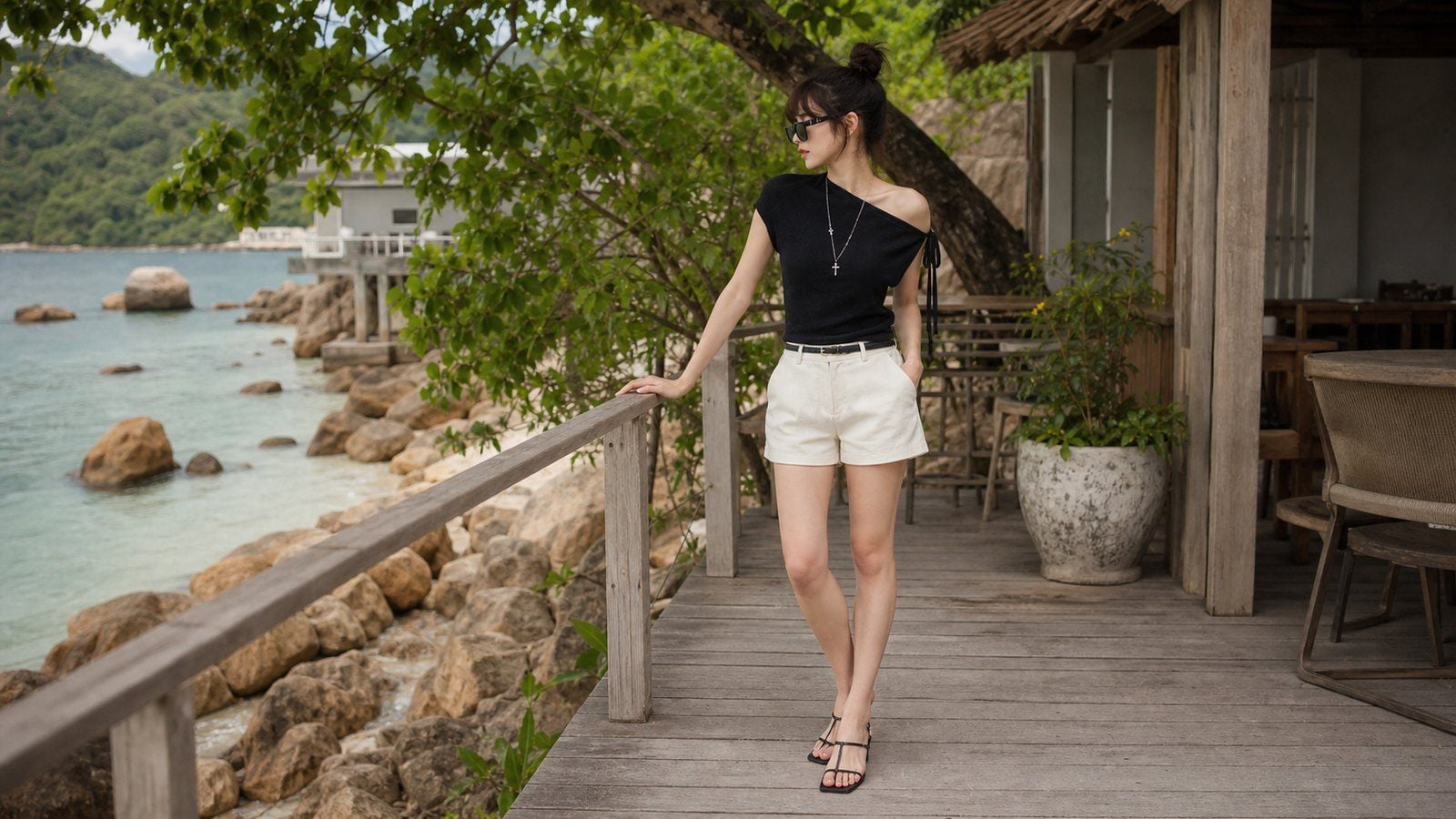 Áo trễ vai phối short sáng màu, quần linen hoặc chân váy dài mềm cho đi biển