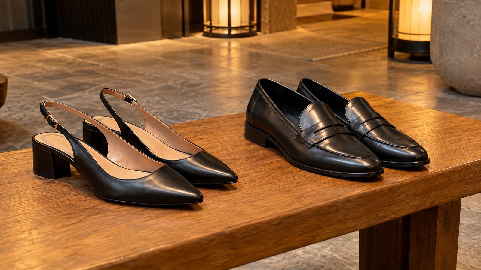 Giày slingback gót thấp và giày lười da giúp đi lại thoải mái suốt buổi tiệc