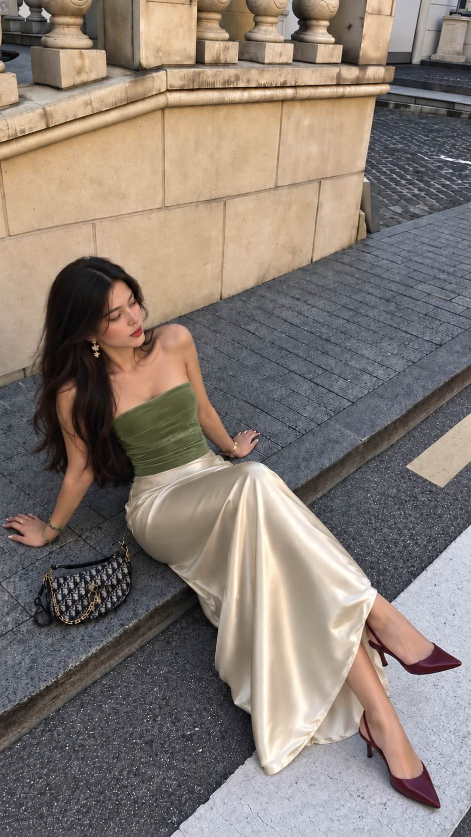 Chân váy lụa champagne phối áo xanh olive và slingback đỏ rượu cho buổi hẹn