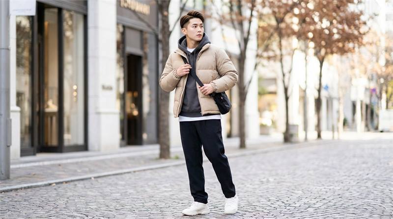Gợi ý phối đồ mùa lạnh: mặc hoodie bên trong áo kho khoác ngoài giúp giữ ấm tốt hơn, tạo nên set đồ có chiều sâu, thời trang và gọn gàng.