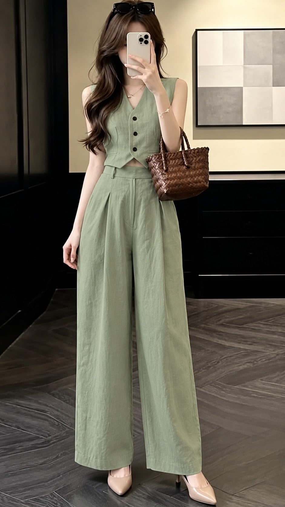 Quần ống rộng vừa màu xanh sage phối áo vest ngắn cùng tông