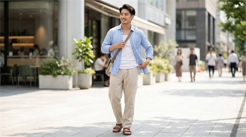 Người mẫu phối quần linen ống rộng với tank top và sơ mi khoác. Outfit mùa hè thoáng mát, phong cách thành thị hiện đại.