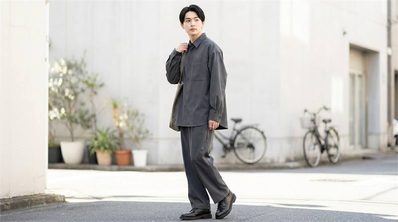 Quần ống rộng màu be kết hợp áo blazer đồng màu, tạo set đồ monochrome thanh lịch giúp kéo dáng người mặc, đặc biệt hiệu quả cho người nhỏ con.