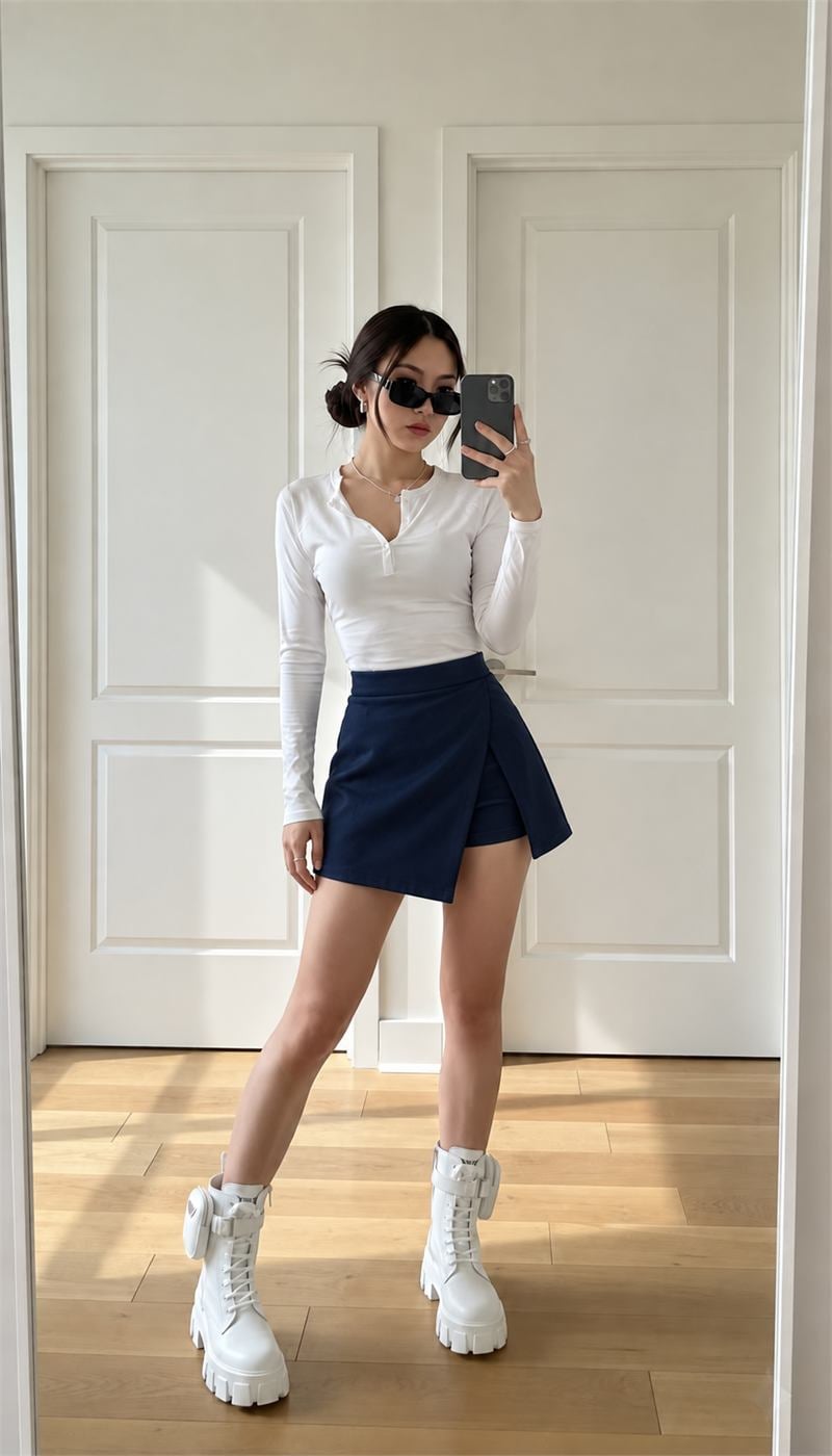 Skort xanh navy cạp cao có quần short bên trong chắc chắn