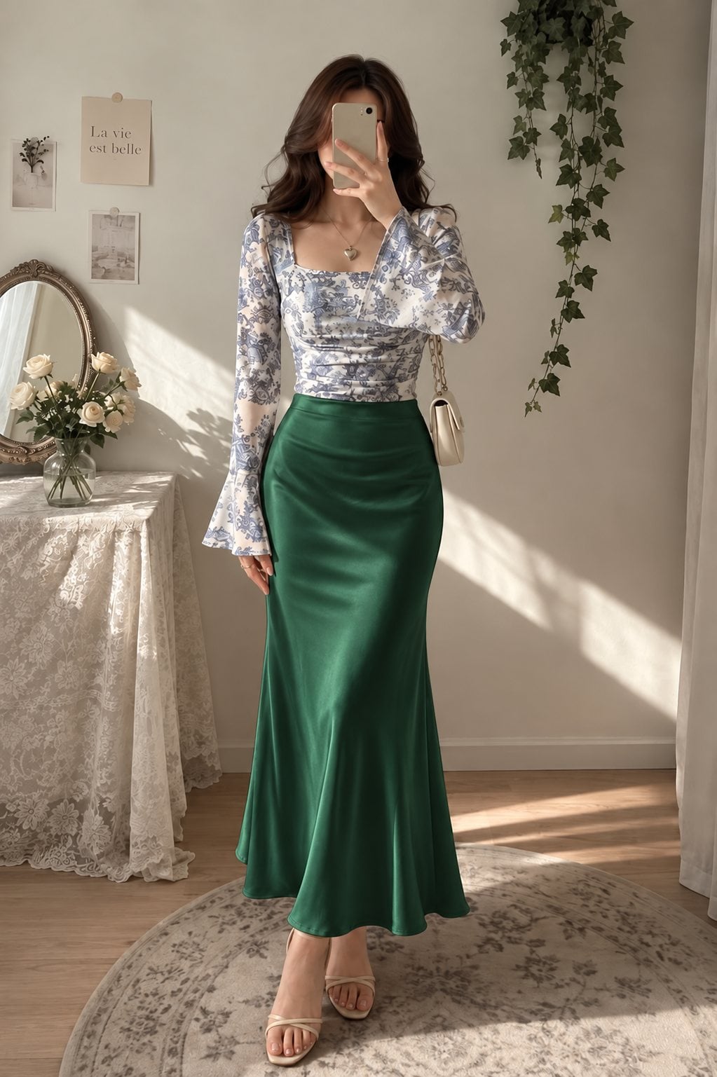 Chân váy lụa xanh emerald phối áo họa tiết và sandal be trung tính