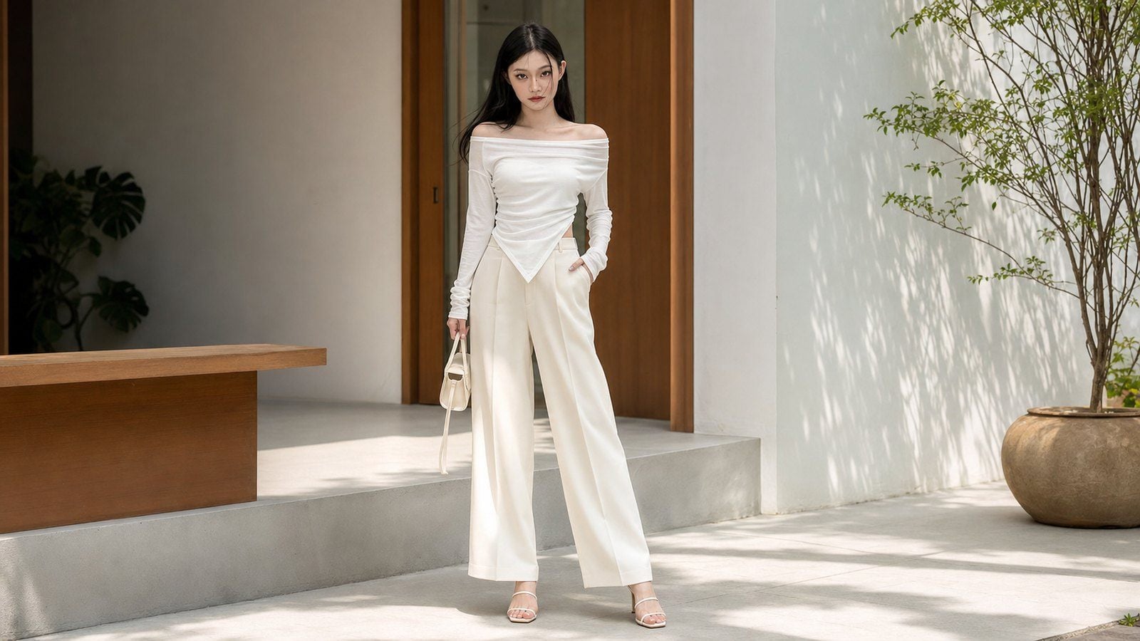 Sandal quai mảnh giữ outfit mềm và thoáng khi đi cùng áo trễ vai
