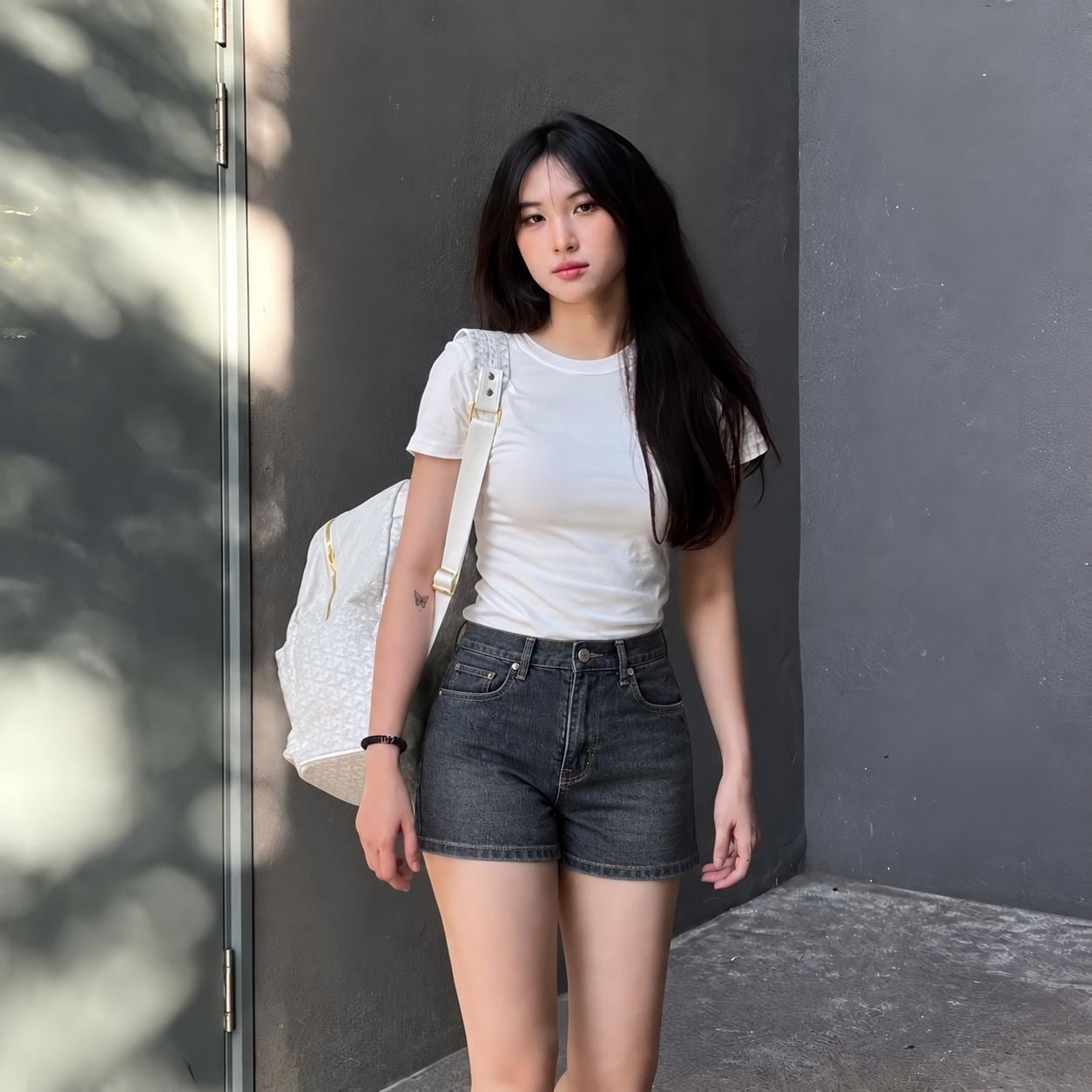 Áo thun trắng trơn phối quần sooc denim đen cạp cao cho trang phục hằng ngày