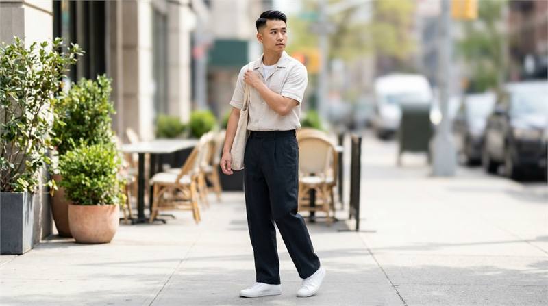 Cách chọn áo cho người thấp: ưu tiên áo ngắn, ôm nhẹ, sơ vin cùng quần cạp cao giúp kéo dài chân, tránh áo phủ hông nhiều.