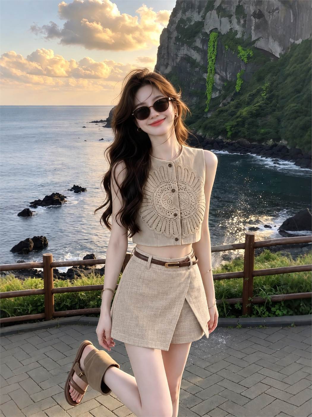 Skort vải linen màu be thoáng nhẹ phù hợp chuyến đi biển