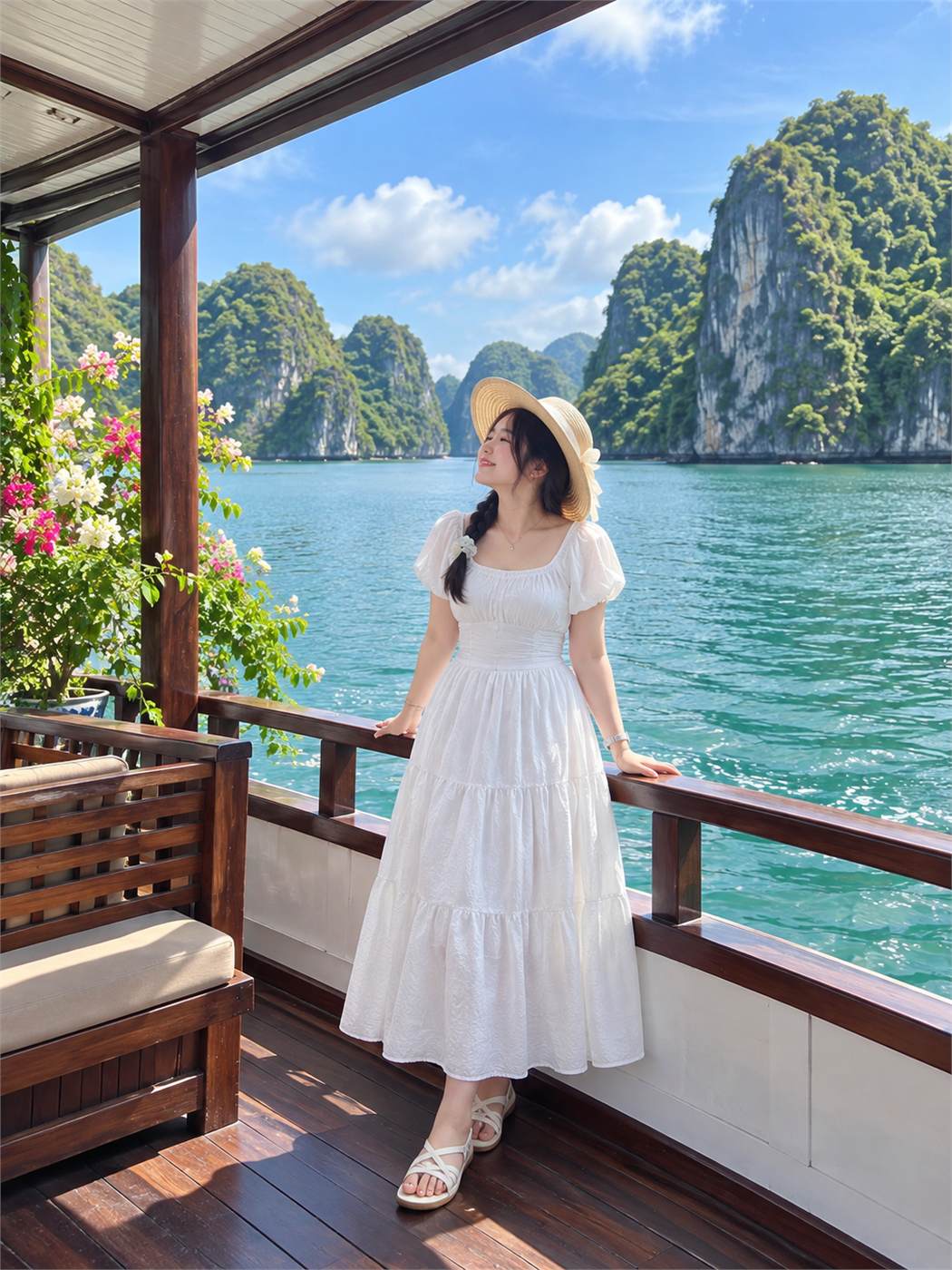 Váy trắng thoáng mát, mũ che nắng và sandal gọn cho ngày nắng trên tàu