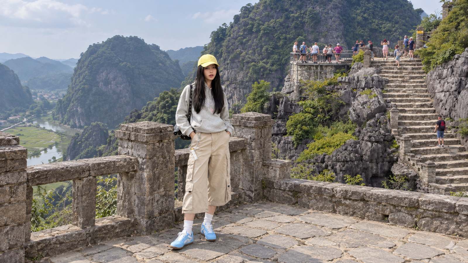 Sneaker xanh phối trang phục thoải mái trên lối đá Hang Múa