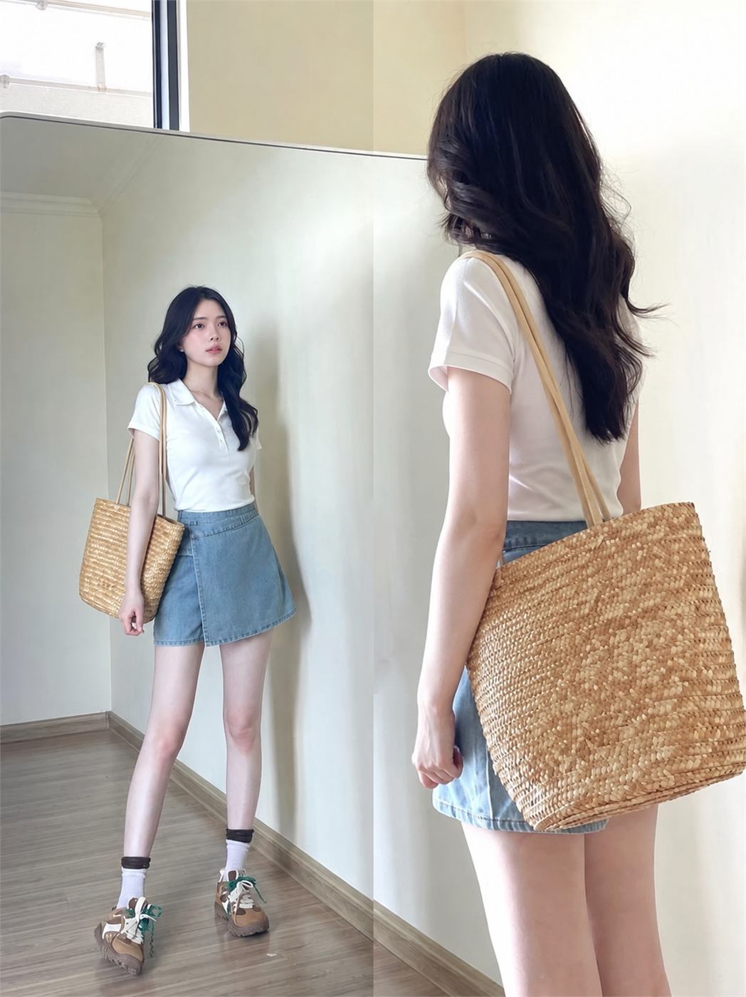 Skort denim xanh phối áo polo trắng và giày thể thao