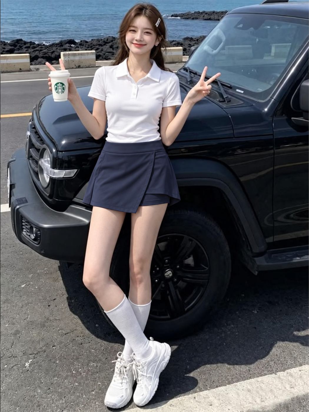 Skort thể thao xanh navy phối áo polo trắng theo phong cách tenniscore